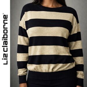 NEW Liz Claiborne Black/Gold Metallic Stripe Sweater Size L